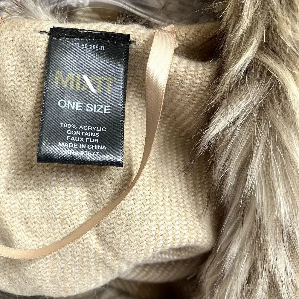 MIXIT One Size Faux Fur Collar Shawl Wrap Cape Poncho Neutral Cozy Fringe OSFM
